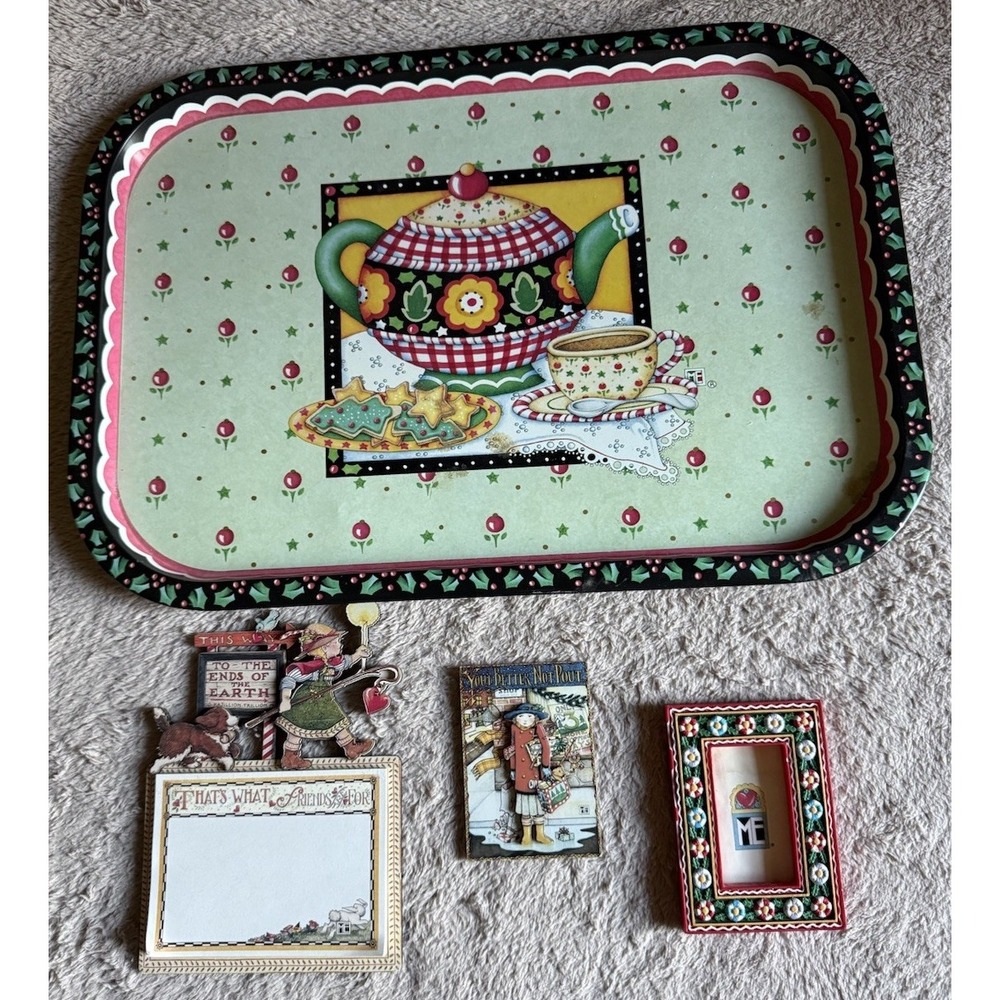 Mary Engelbreit Christmas Lot Of 4 Tray With Magnets Memo Pad Magnet Mini Frame